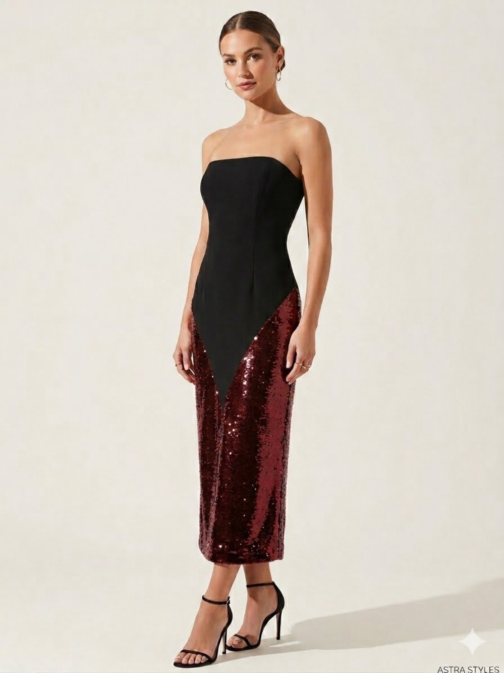 BCBGMaxAzria Black and Wine Strapless Sequin Midi Dress